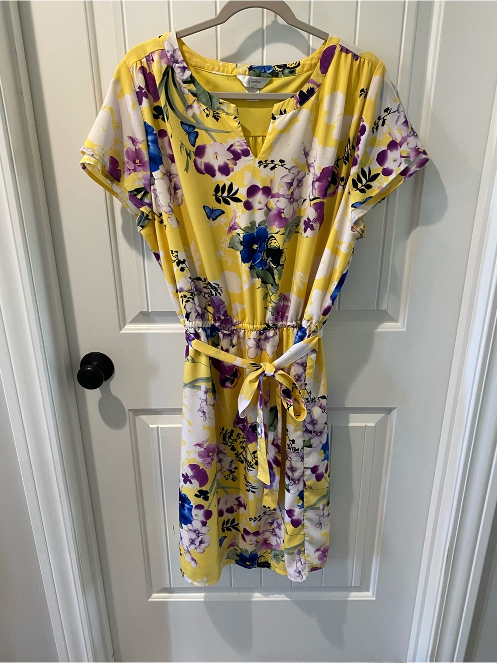 CJ Banks Yellow Floral Tie-Waist Dress with Blue Floral Accents